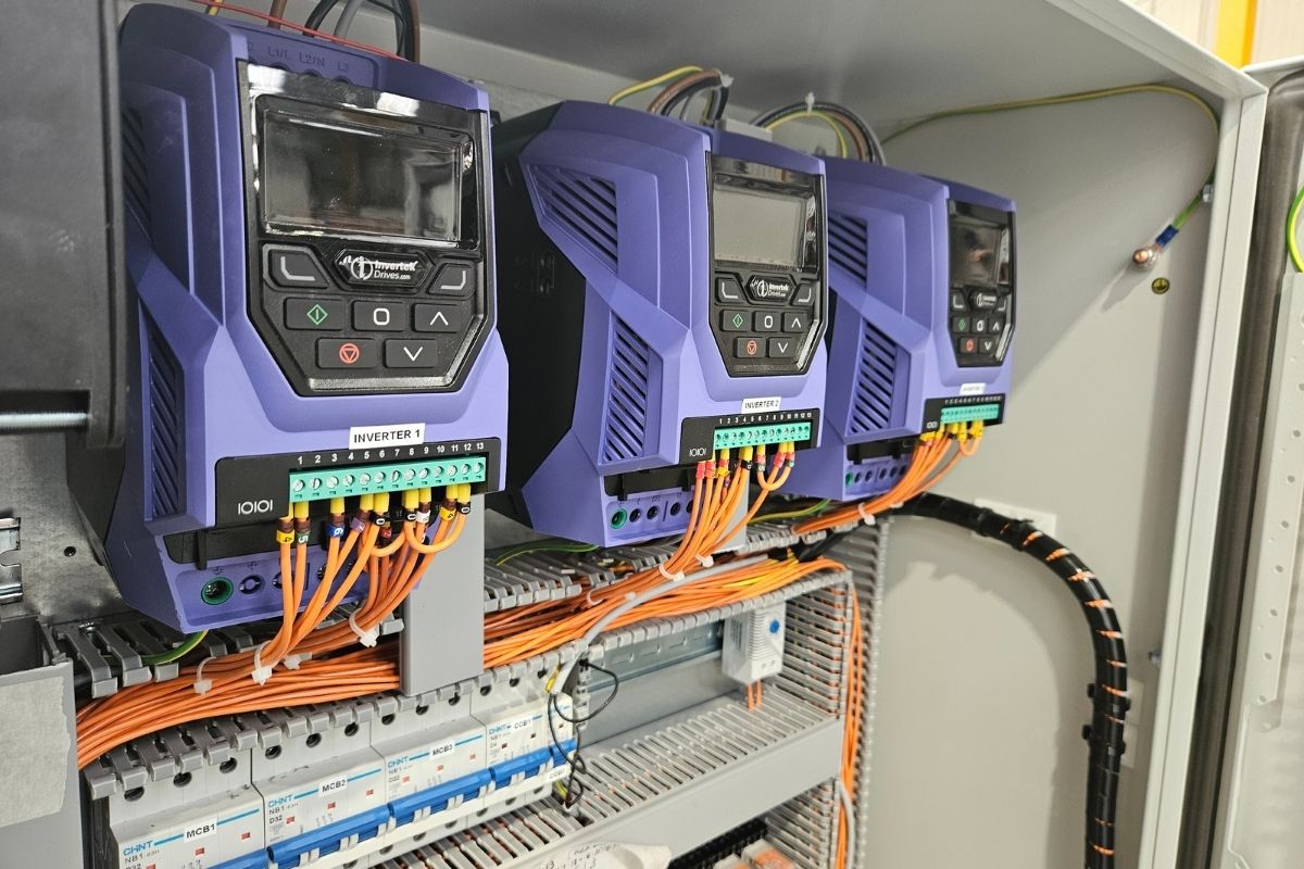Three Invertek variable speed drives mounted in a booster panel