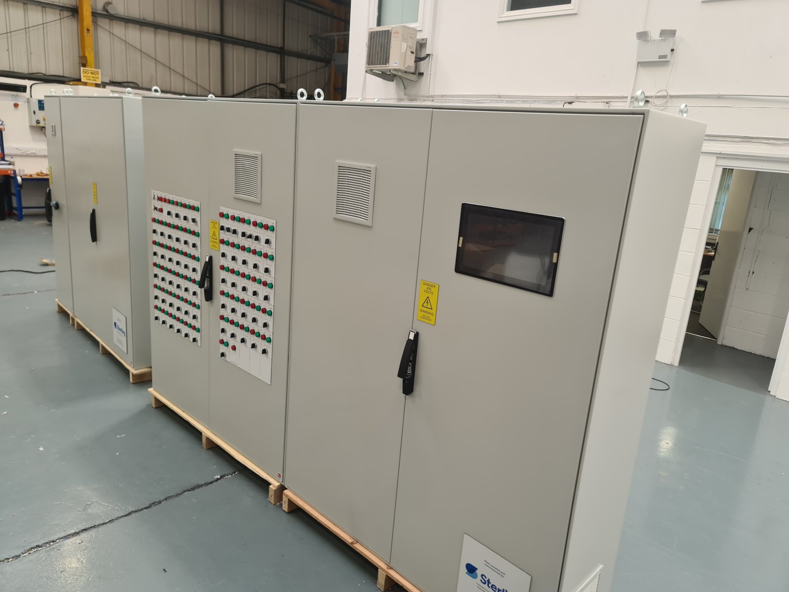 A three-bay floor-standing motor control centre built by G&G for a water park plant room