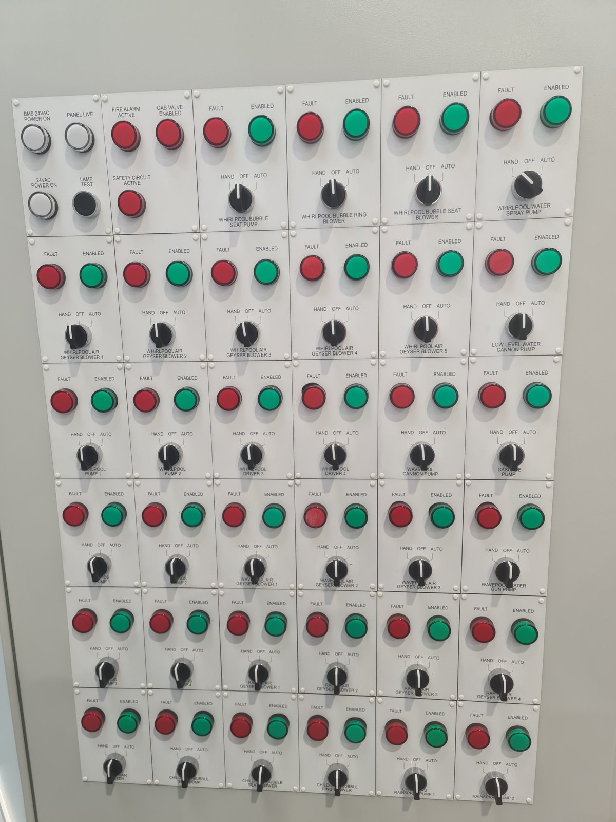 Close-up of the door mimic: rows of lamps and selector switches, one row per motor