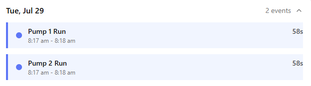 Dashboard run data listing individual pump runs with durations