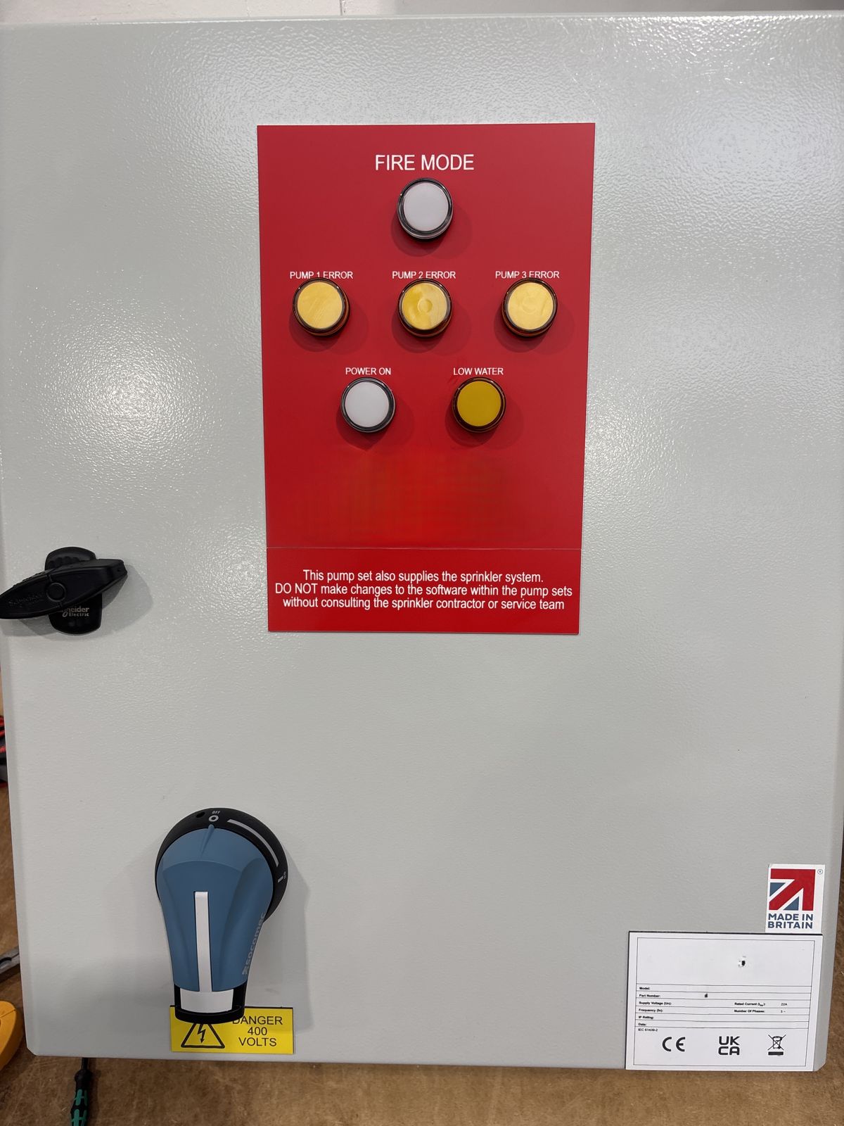 Red fire mode control panel built for an equipment manufacturer