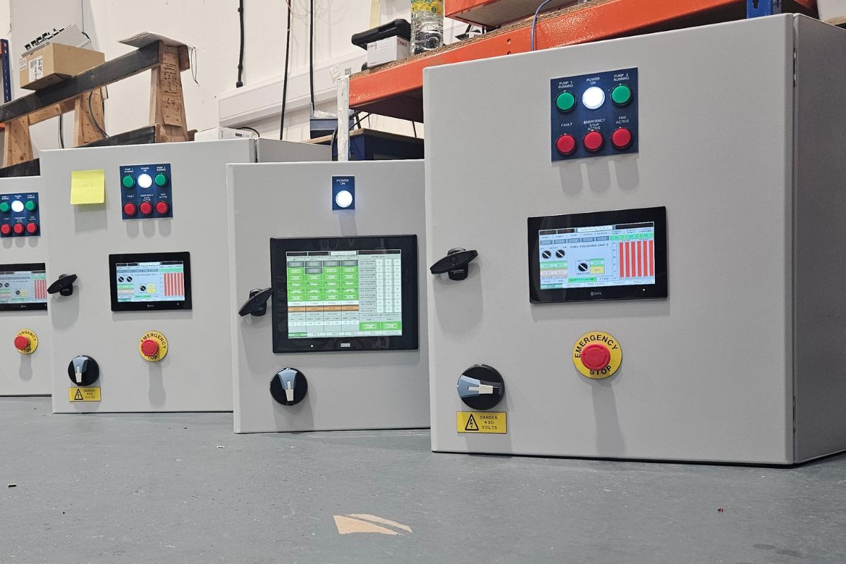 A line of finished panels with HMIs